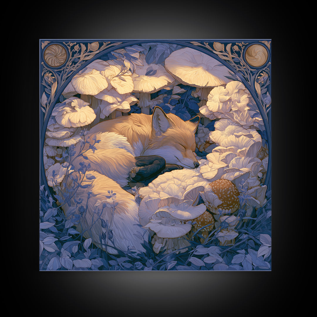 Sleeping Fox Beside a Magical Mushroom Ring Framed Canvas Print, Fairy Tale Art, Nursery Art, Living Room Decor, Storybook, FTA-1x1-27