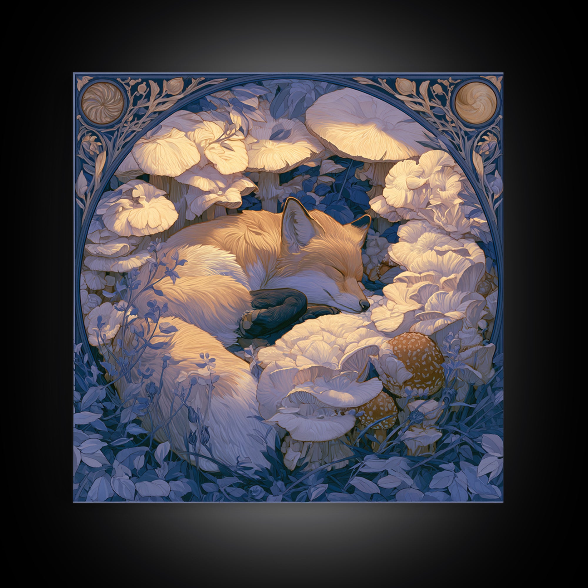Sleeping Fox Beside a Magical Mushroom Ring Framed Canvas Print, Fairy Tale Art, Nursery Art, Living Room Decor, Storybook, FTA-1x1-27