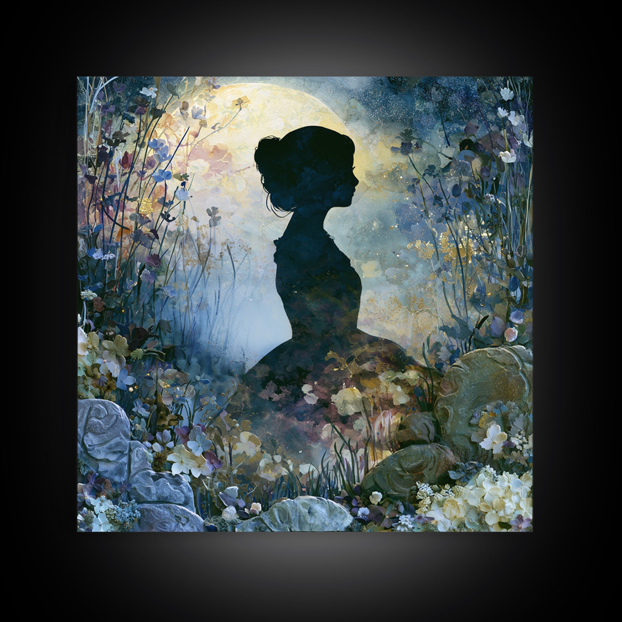 Princess Silhouette with Moonlit Garden Flowers Framed Canvas Print, Fairy Tale Art, Art Deco, Living Room Decor, Storybook, FTA-1x1-28