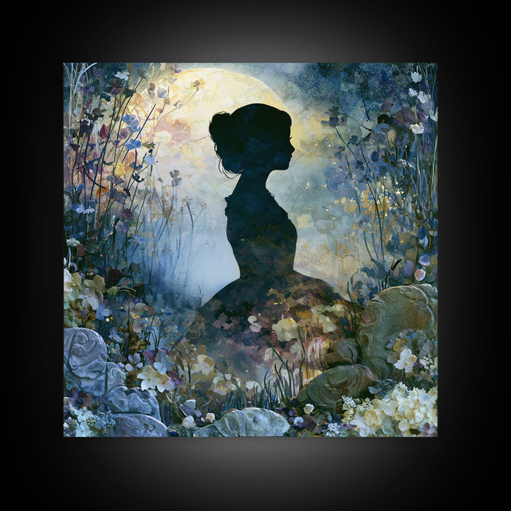 Princess Silhouette with Moonlit Garden Flowers Framed Canvas Print, Fairy Tale Art, Art Deco, Living Room Decor, Storybook, FTA-1x1-28