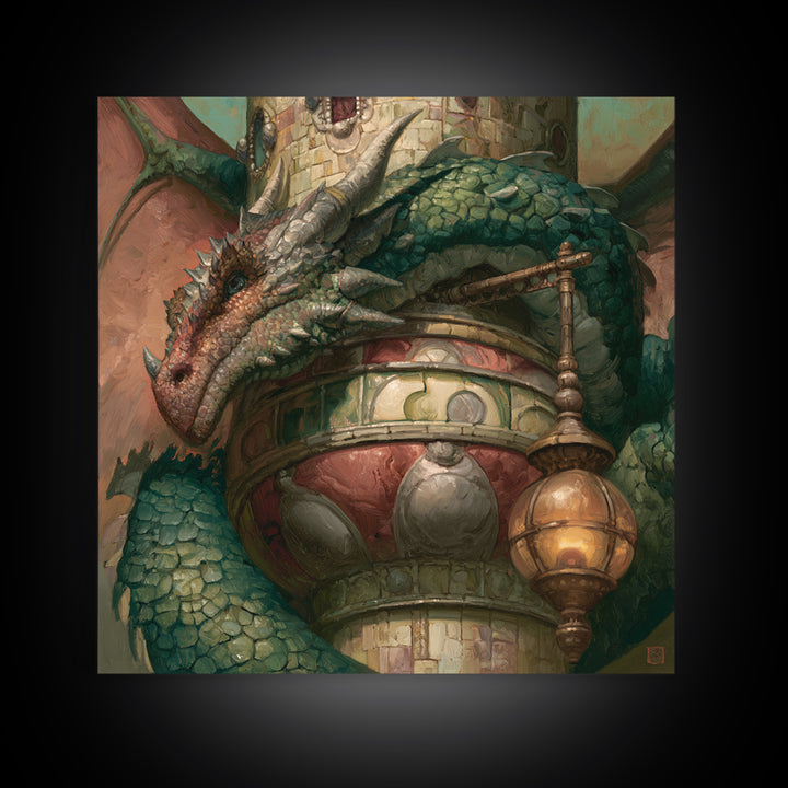 Dragon Curled Around a Jeweled Tower Framed Canvas Print, Fairy Tale Art, Textured Painting, Living Room Decor, Storybook, FTA-1x1-29