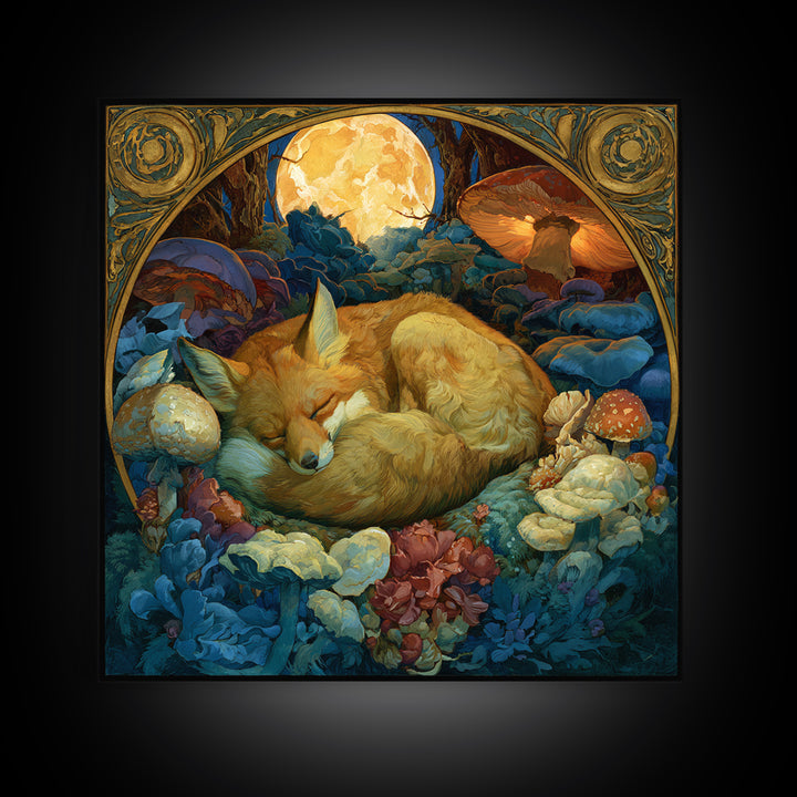 Sleeping Fox Beside a Magical Mushroom Ring Canvas Print, Fairy Tale Art, Abstract Art, Living Room Decor, Storybook, FTA-1x1-3