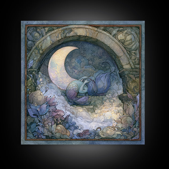 Mermaid Combing Hair Beneath a Pearl Moon Canvas Print, Fairy Tale Art, Nursery Wall Art, Living Room Decor, Watercolor Art, FTA-1x1-36