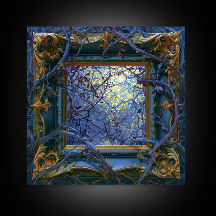 Magic Mirror Framed by Vines and Thorns Framed Canvas Print, Fairy Tale Art, Boho Decor, Living Room Decor, Oil Painting, FTA-1x1-37