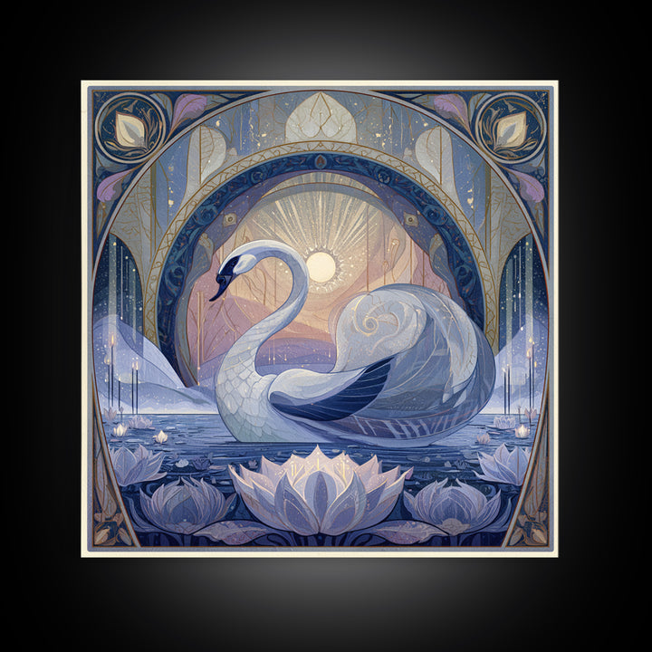 White Swan Transformation Scene Framed Canvas Print, Fairy Tale Art, Folk Art, Living Room Decor, Fine Art, Storybook, FTA-1x1-39