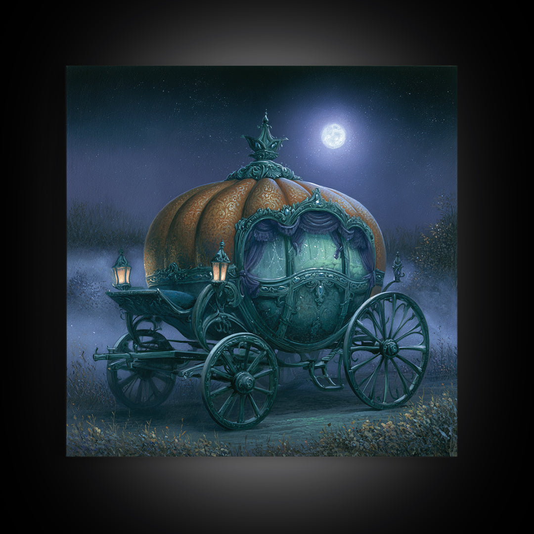 Pumpkin Carriage under Midnight Sky Framed Canvas Print, Fairy Tale Art, Room Decor, Living Room Decor, Fine Art, Storybook, FTA-1x1-40