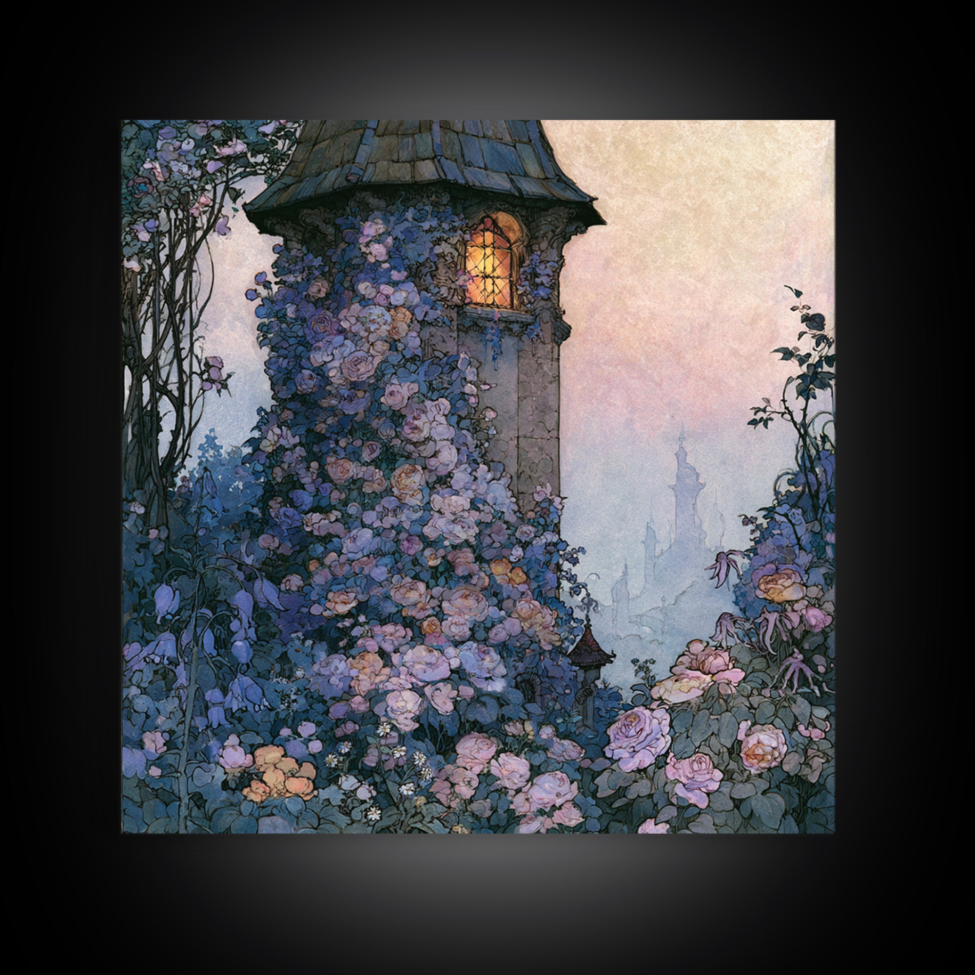 Rose Covered Tower Framed Canvas Print, Fairy Tale Art, Kids Room Decor, Living Room Decor, Abstract Art, Storybook, FTA-1x1-42
