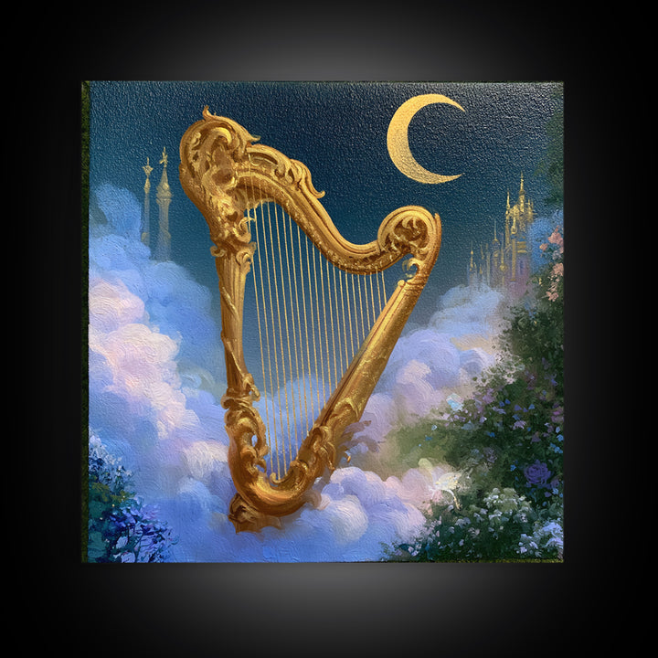 Golden Harp in a Cloud Kingdom Framed Canvas Print, Fairy Tale Art, Mixed Media Art, Living Room Decor, Fine Art, Storybook, FTA-1x1-46