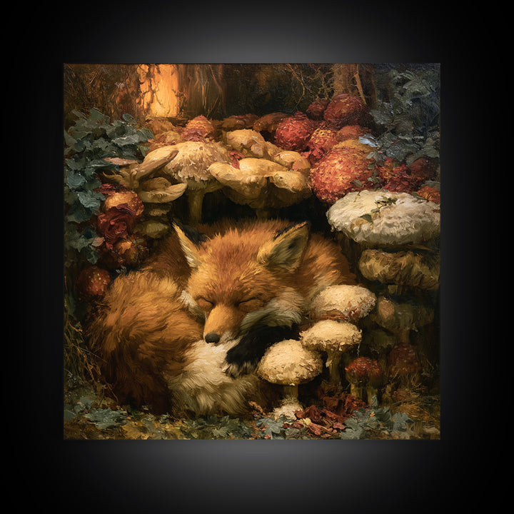 Sleeping Fox Beside a Magical Mushroom Ring Framed Canvas Print, Fairy Tale Art, Fantasy Art, Living Room Decor, Oil Painting, FTA-1x1-51