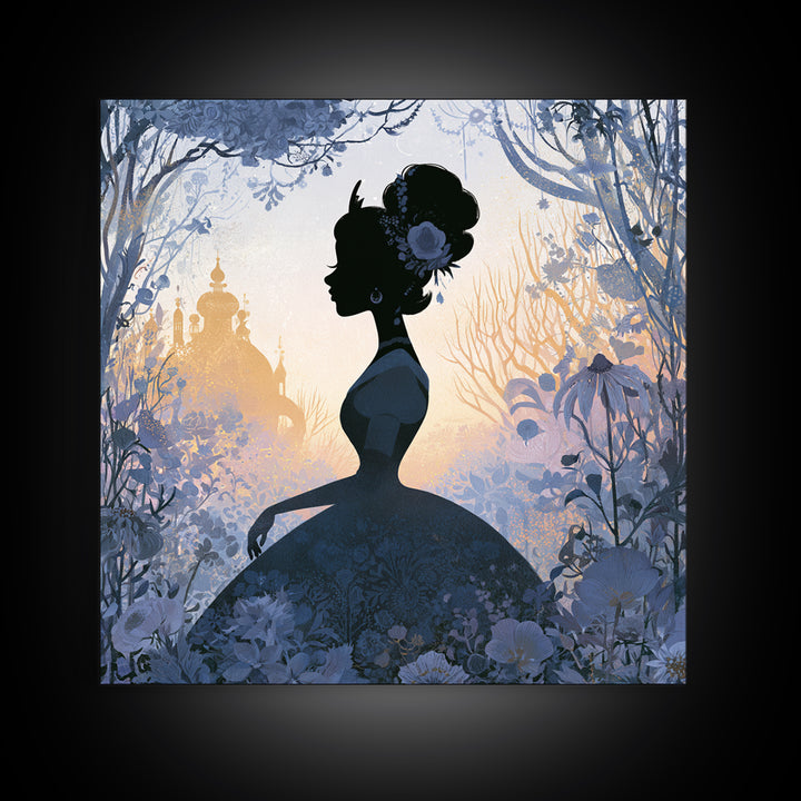 Princess Silhouette with Moonlit Garden Flowers Framed Canvas Print, Fairy Tale Art, Watercolor Art, Living Room Decor, FTA-1x1-52