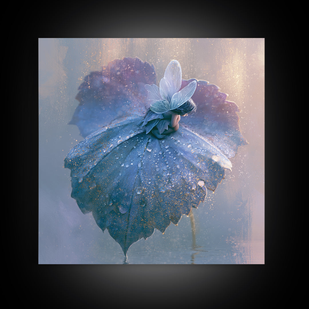 Tiny Fairy Resting on a Dew Covered Canvas Print, Fairy Tale Art, Art Nouveau Print, Living Room Decor, Fine Art, Storybook, FTA-1x1-55