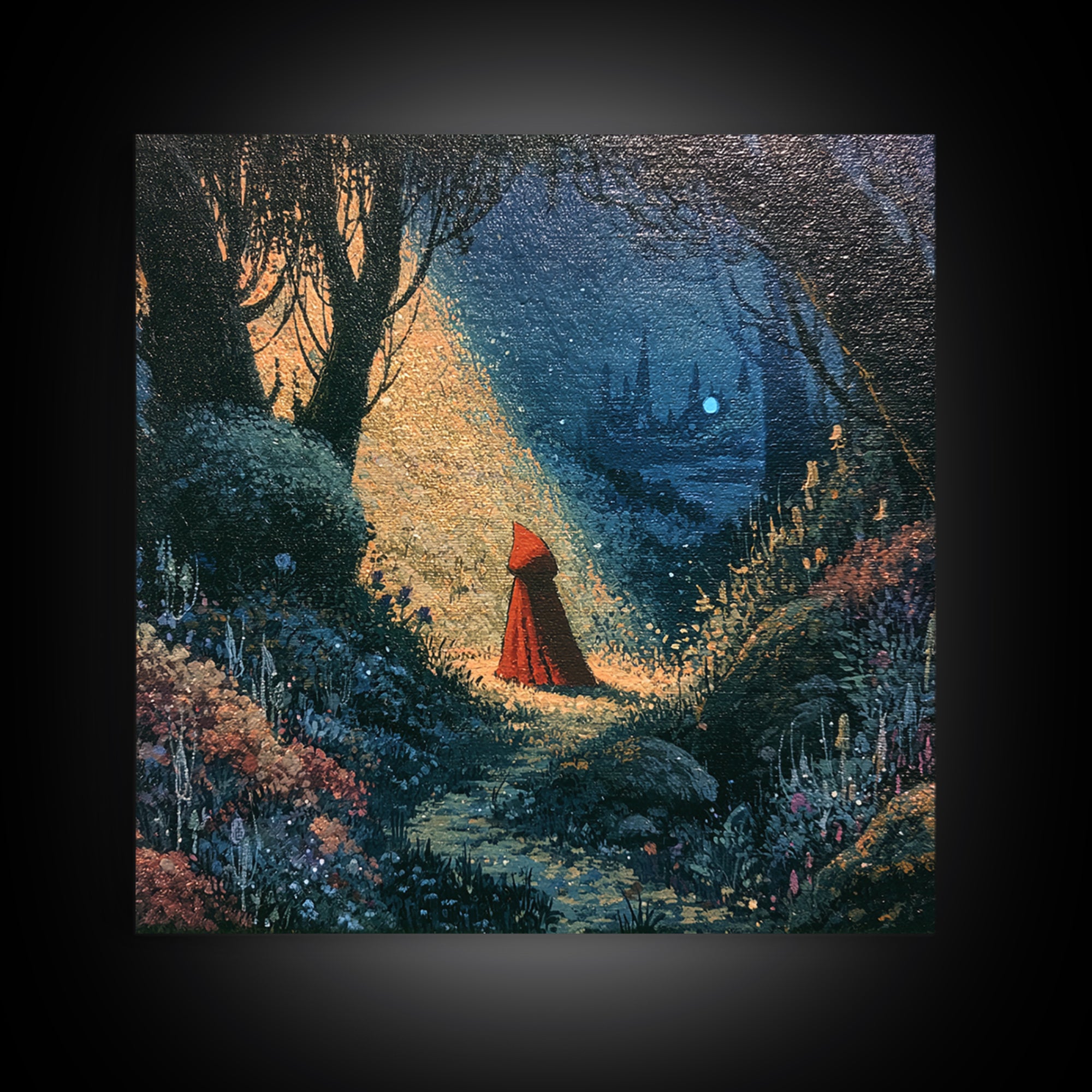 Red Cloak Figure Walking Through Dark Woods Framed Canvas Print, Fairy Tale Art, Canvas Wall Art, Living Room Decor, Storybook, FTA-1x1-56