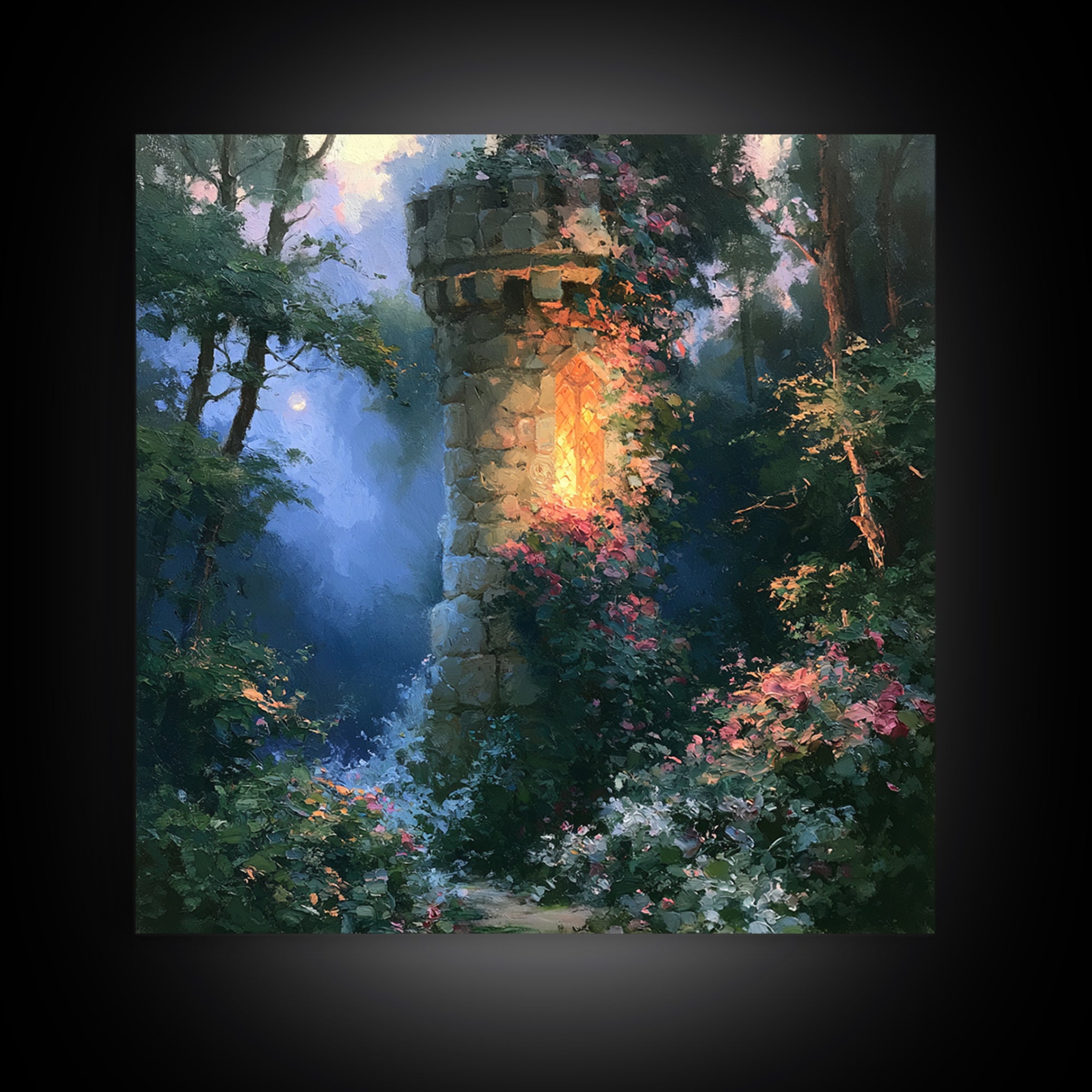 Rose Covered Tower Framed Canvas Print, Fairy Tale Art, Kids Room Decor, Living Room Decor, Abstract Art, Storybook, FTA-1x1-66
