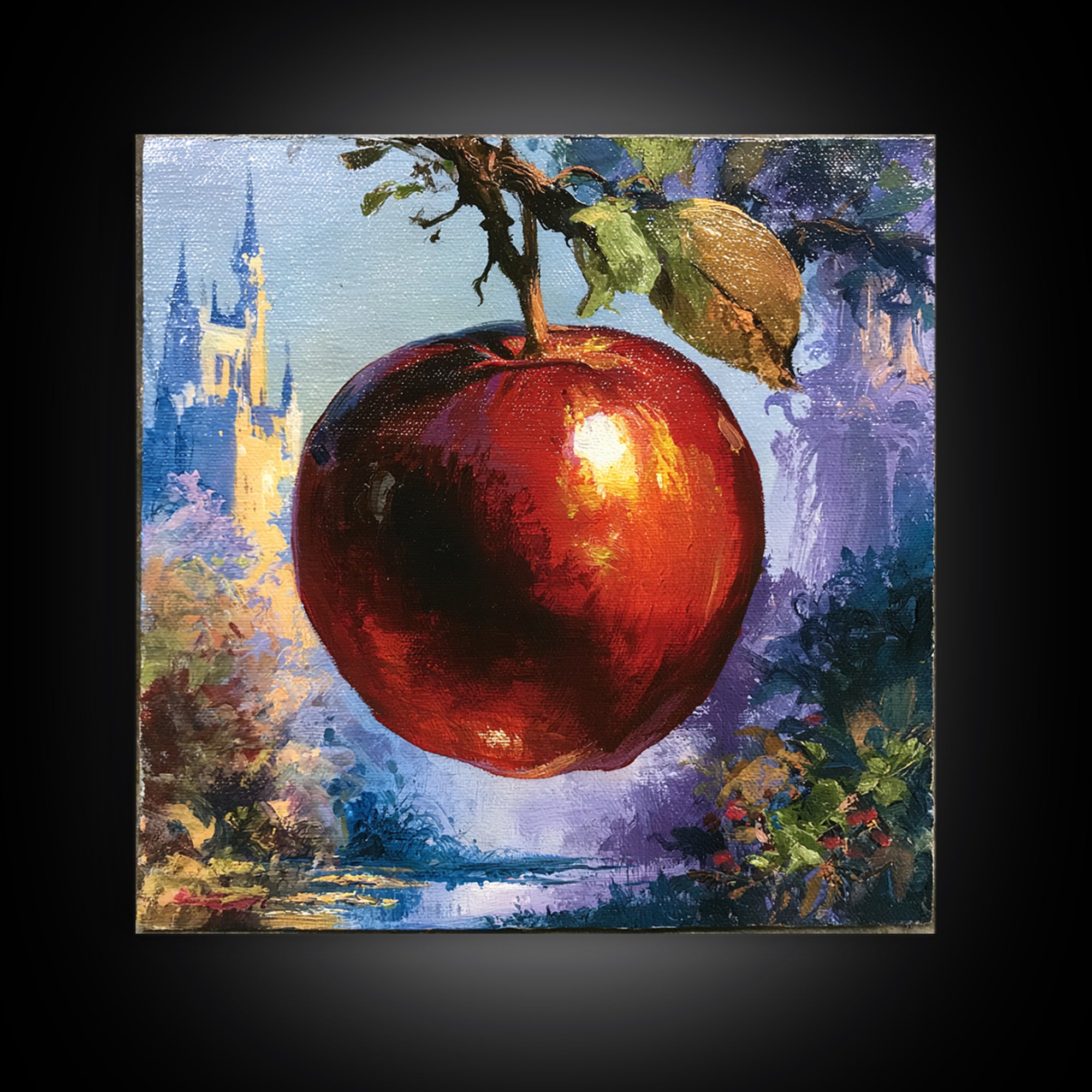 Enchanted Apple with Deep Red Shine Framed Canvas Print, Fairy Tale Art, Dark Art, Living Room Decor, Fine Art, Storybook, FTA-1x1-68