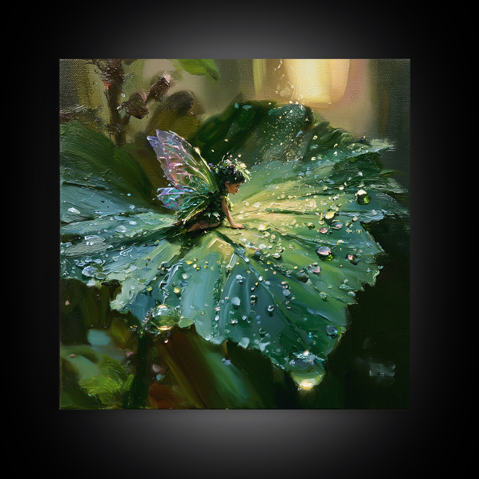 Tiny Fairy Resting on a Dew Covered Framed Canvas Print, Fairy Tale Art, Printable Art, Living Room Decor, Oil Painting, FTA-1x1-7