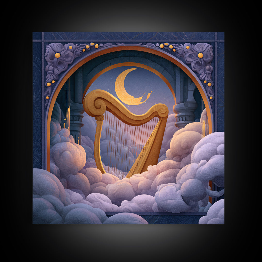 Golden Harp in a Cloud Kingdom Framed Canvas Print, Fairy Tale Art, Mixed Media Art, Living Room Decor, Fine Art, Storybook, FTA-1x1-70