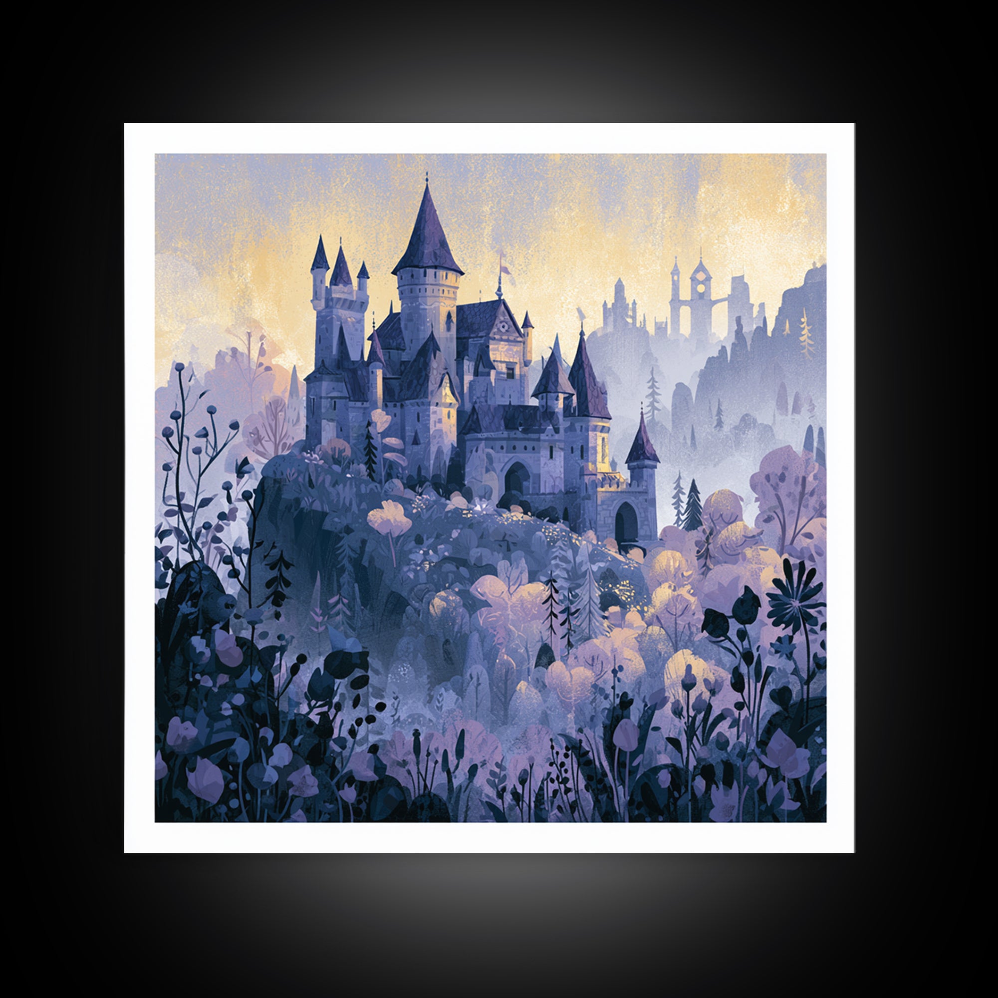 Storybook Castle on a Misty Hill Framed Canvas Print, Fairy Tale Art, Fine Art Print, Living Room Decor, Fine Art, Storybook, FTA-1x1-74