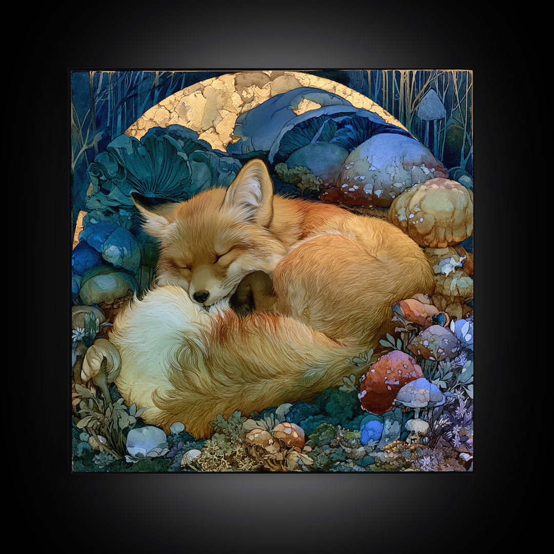 Sleeping Fox Beside a Magical Mushroom Ring Canvas Print, Fairy Tale Art, Statement Artwork, Living Room Decor, Storybook, FTA-1x1-75