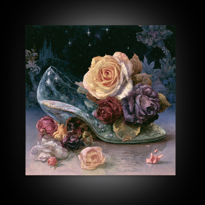 Glass Slipper Still Life Framed Canvas Print, Fairy Tale Art, Statement Artwork, Living Room Decor, Fine Art, Storybook, FTA-1x1-78