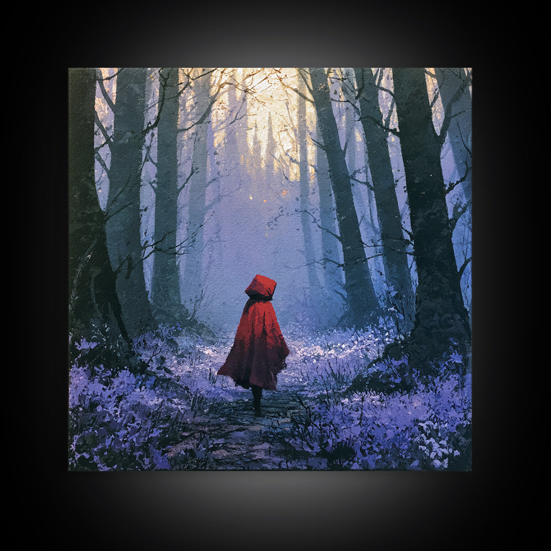 Red Cloak Figure Walking Through Dark Woods Framed Canvas Print, Fairy Tale Art, Original Art, Living Room Decor, Storybook, FTA-1x1-8