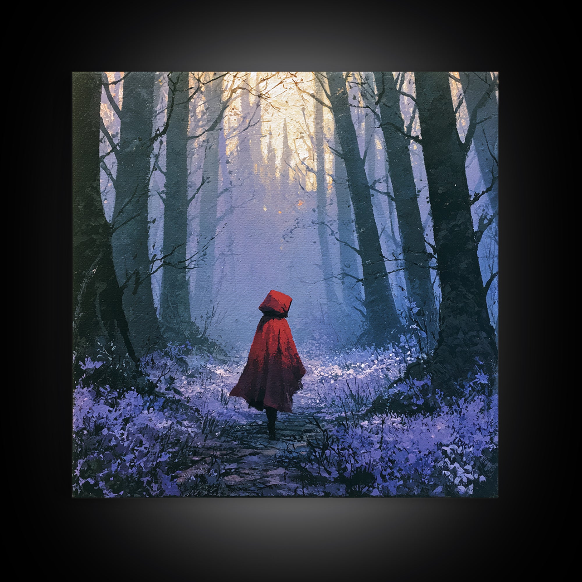 Red Cloak Figure Walking Through Dark Woods Framed Canvas Print, Fairy Tale Art, Original Art, Living Room Decor, Storybook, FTA-1x1-8
