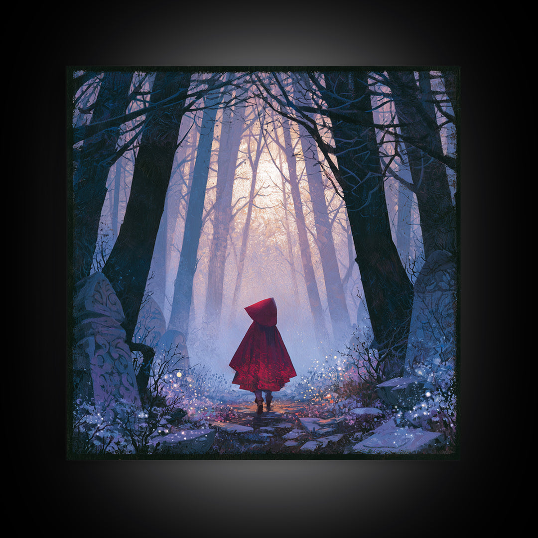 Red Cloak Figure Walking Through Dark Woods Canvas Print, Fairy Tale Art, Fine Art Print, Living Room Decor, Storybook, FTA-1x1-80