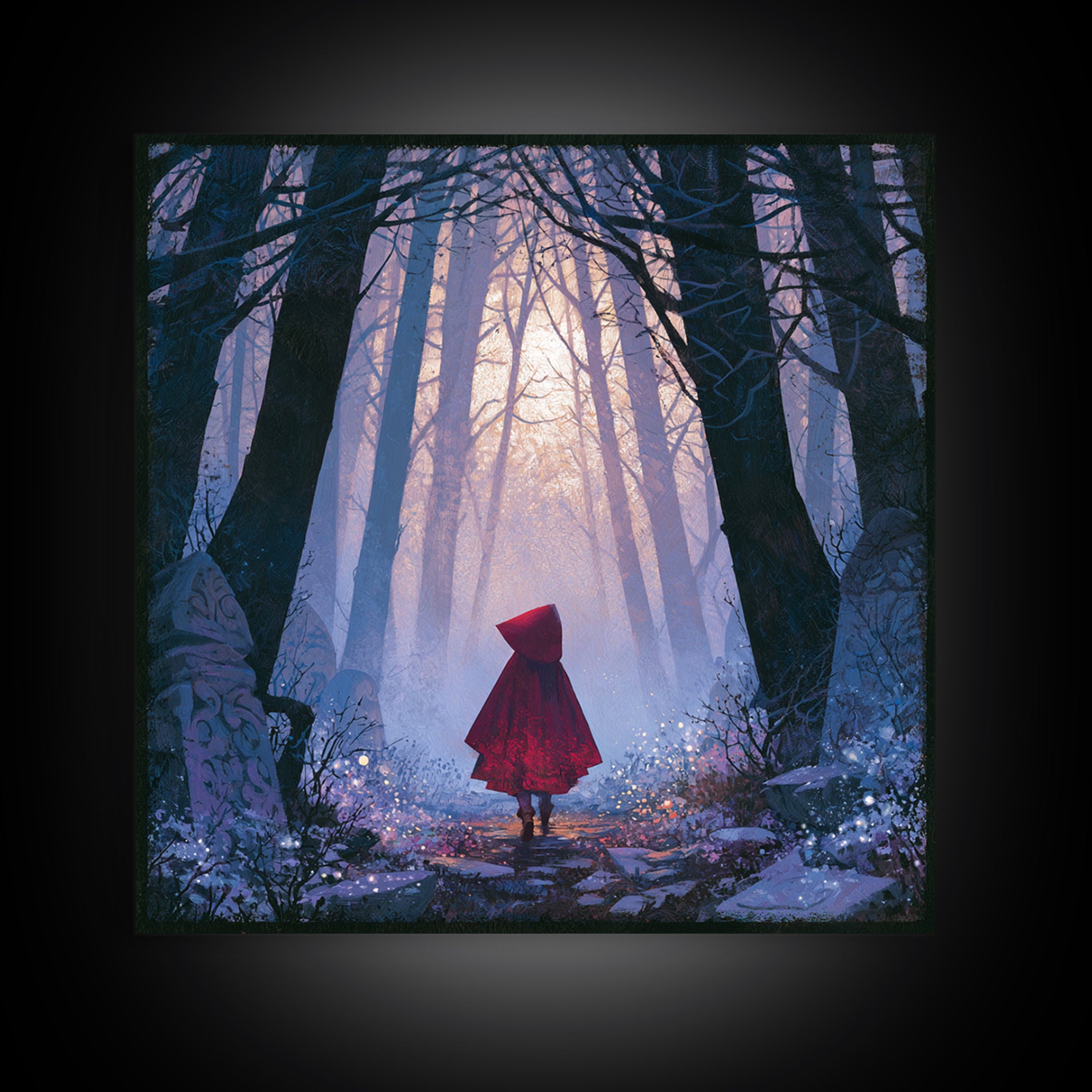 Red Cloak Figure Walking Through Dark Woods Canvas Print, Fairy Tale Art, Fine Art Print, Living Room Decor, Storybook, FTA-1x1-80