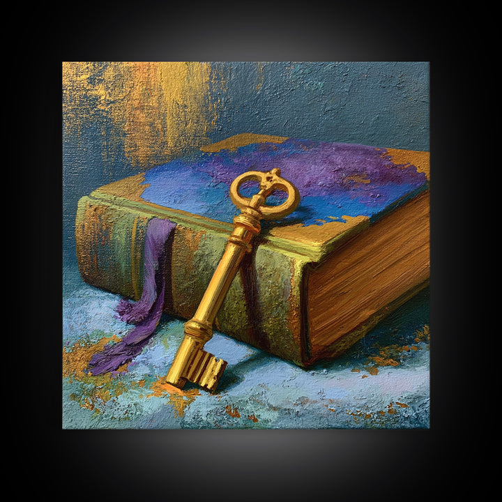 Golden Key and Enchanted Book Still Life Canvas Print, Fairy Tale Art, Painting, Living Room Decor, Fine Art, Storybook, FTA-1x1-81