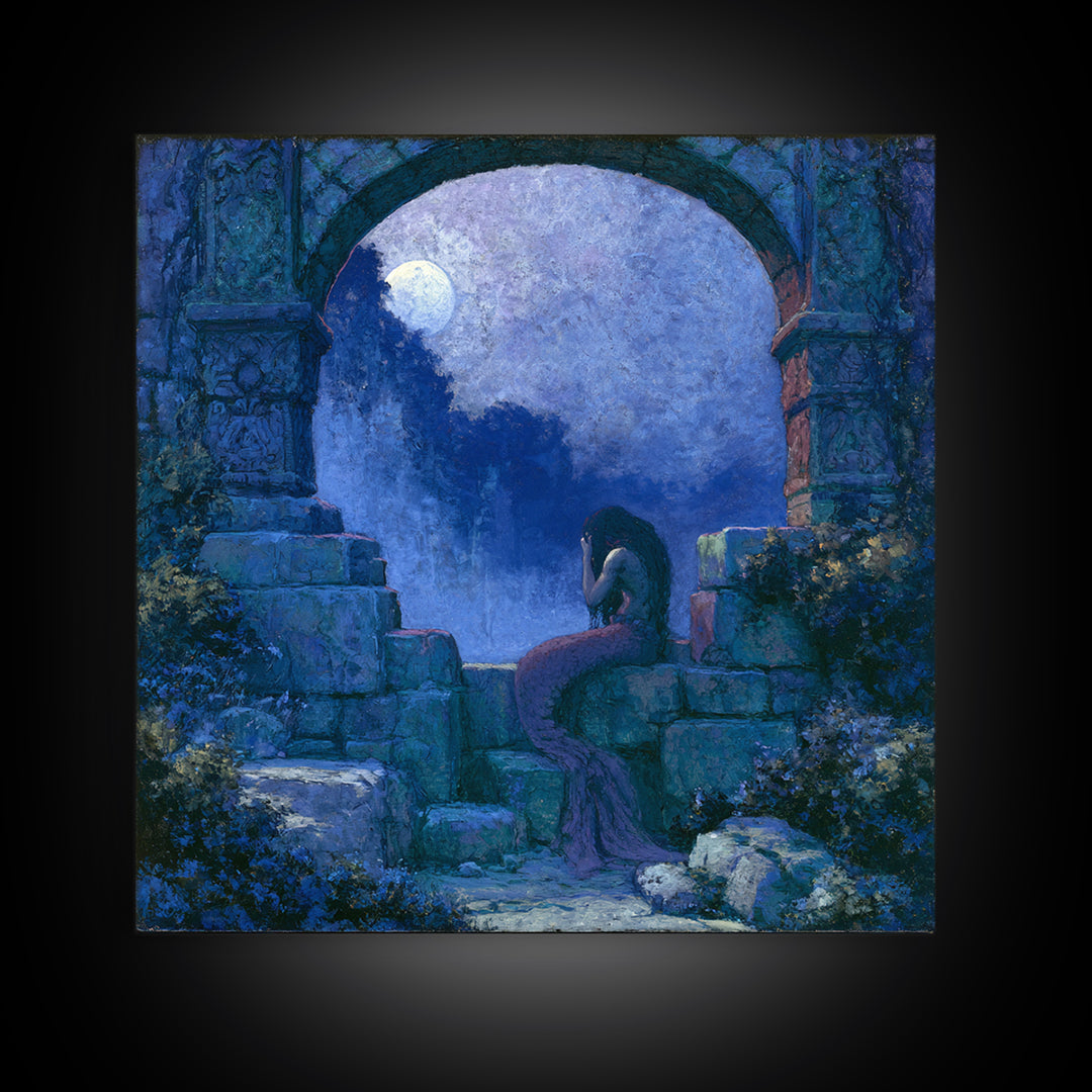 Mermaid Combing Hair Beneath a Pearl Moon Canvas Print, Fairy Tale Art, Kids Room Decor, Living Room Decor, Storybook, FTA-1x1-84