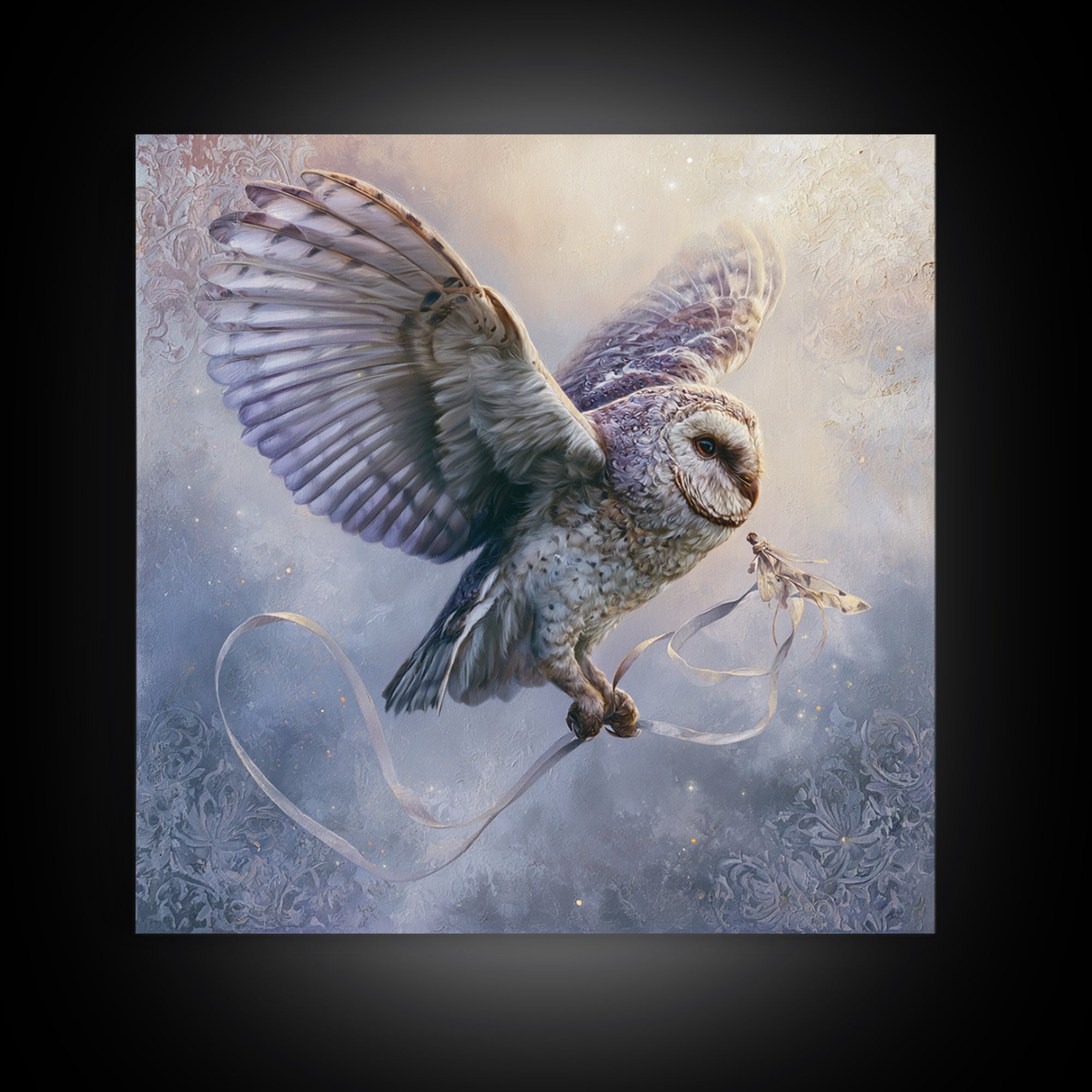 Owl Messenger Carrying a Tiny Ribbon Canvas Print, Fairy Tale Art, Contemporary Art, Living Room Decor, Fine Art, Storybook, FTA-1x1-89