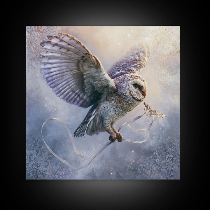 Owl Messenger Carrying a Tiny Ribbon Canvas Print, Fairy Tale Art, Contemporary Art, Living Room Decor, Fine Art, Storybook, FTA-1x1-89