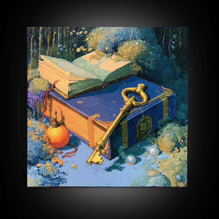 Golden Key and Enchanted Book Still Life Canvas Print, Fairy Tale Art, Statement Artwork, Living Room Decor, Storybook, FTA-1x1-9