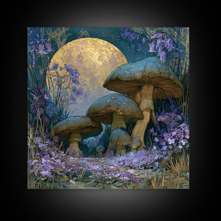 Fairy Ring of Mushrooms and Wildflowers Framed Canvas Print, Fairy Tale Art, Wall Art, Living Room Decor, Watercolor Art, FTA-1x1-93