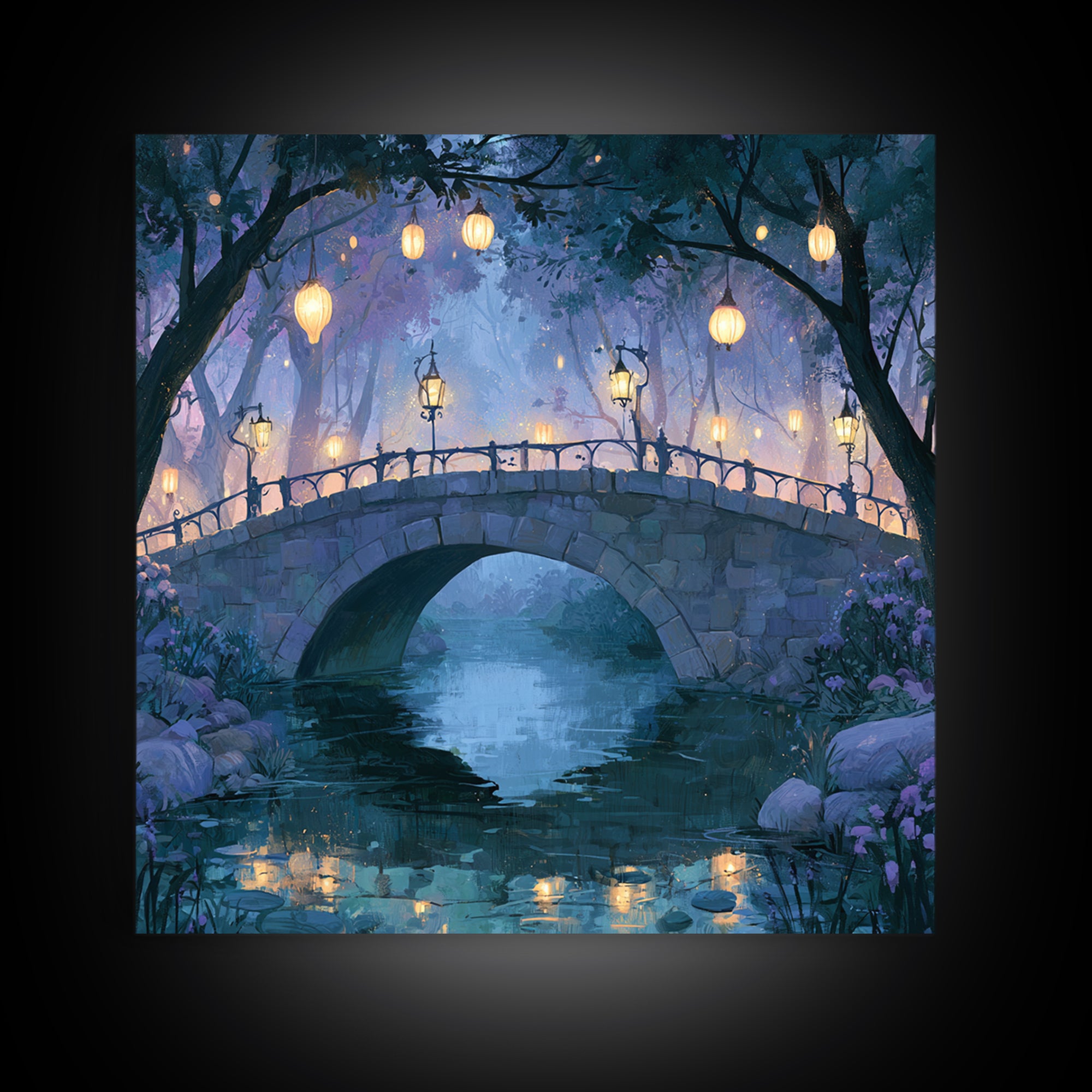 Lantern Lit Bridge Canvas Print, Fairy Tale Art, Fine Art Print, Living Room Decor, Fine Art, Storybook, Painting, Art Prints, FTA-1x1-95
