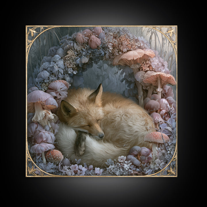 Sleeping Fox Beside a Magical Mushroom Ring Canvas Print, Fairy Tale Art, Painting, Living Room Decor, Fine Art, Storybook, FTA-1x1-99