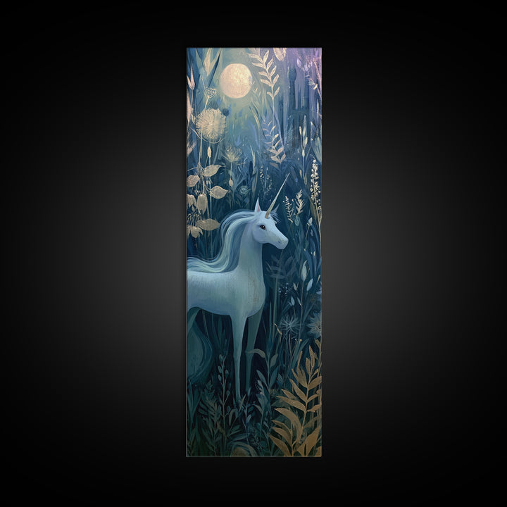 Unicorn in a Moonlit Meadow Canvas Print, Fairy Tale Art, Mixed Media Art, Living Room Decor, Oil Painting, Storybook, FTA-1x3-22