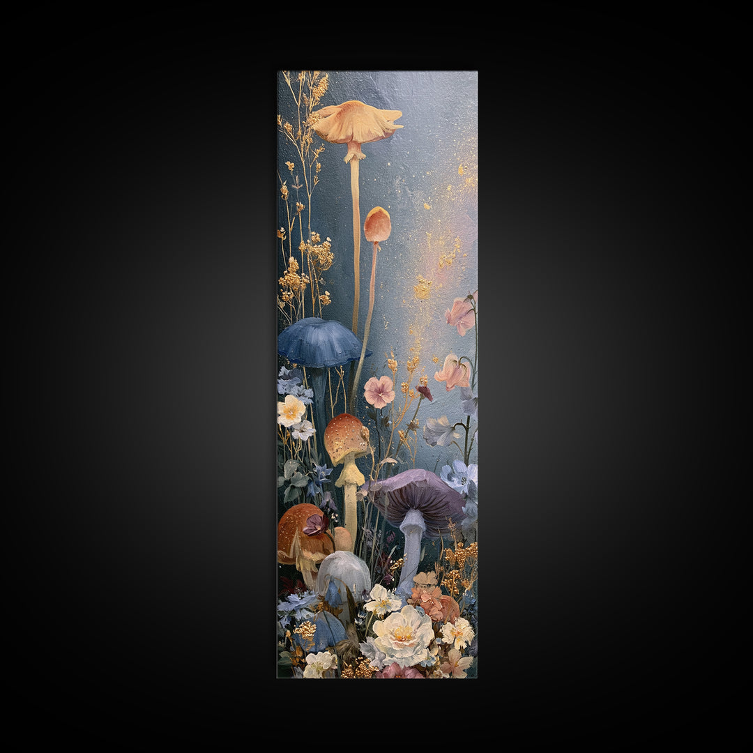 Fairy Ring of Mushrooms and Wildflowers Canvas Print, Fairy Tale Art, Nursery Art, Living Room Decor, Oil Painting, Storybook, FTA-1x3-33