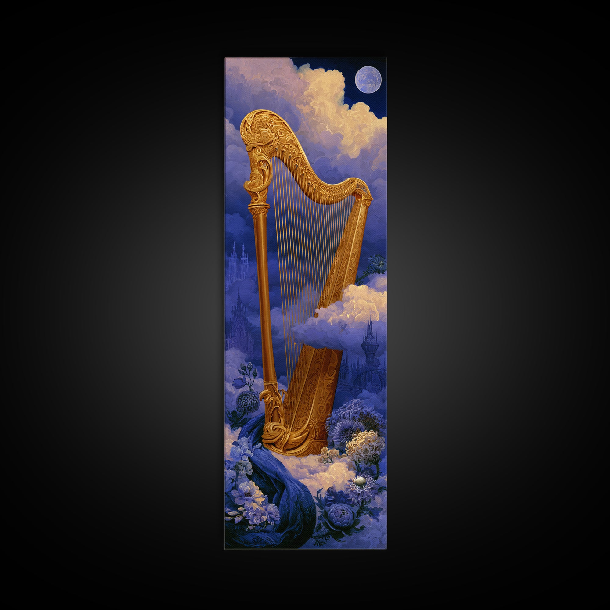 Golden Harp in a Cloud Kingdom Framed Canvas Print, Fairy Tale Art, Art Nouveau Print, Living Room Decor, Watercolor Art, FTA-1x3-34