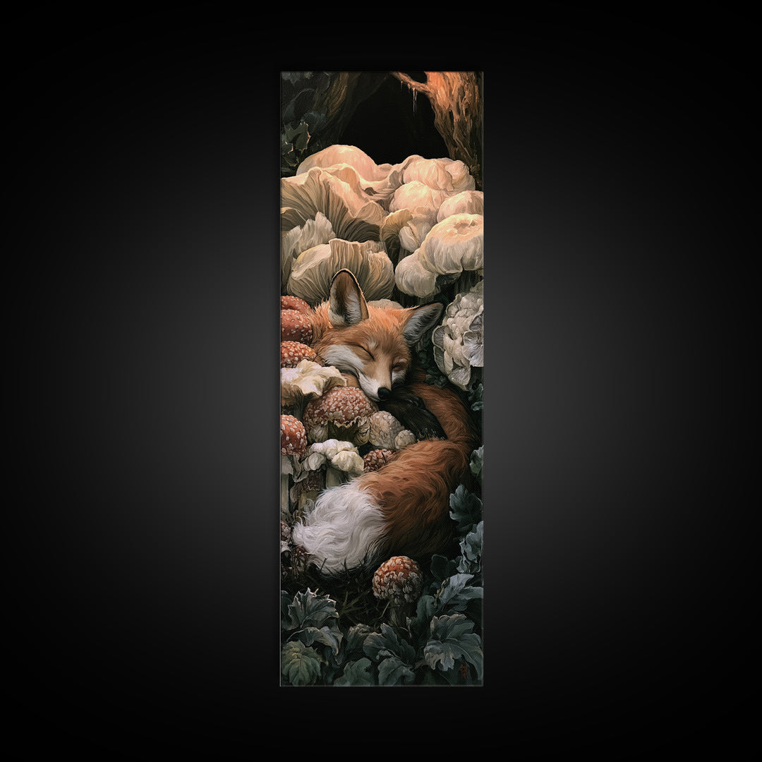 Sleeping Fox Beside a Magical Mushroom Ring Canvas Print, Fairy Tale Art, Nursery Art, Living Room Decor, Fine Art, Storybook, FTA-1x3-39