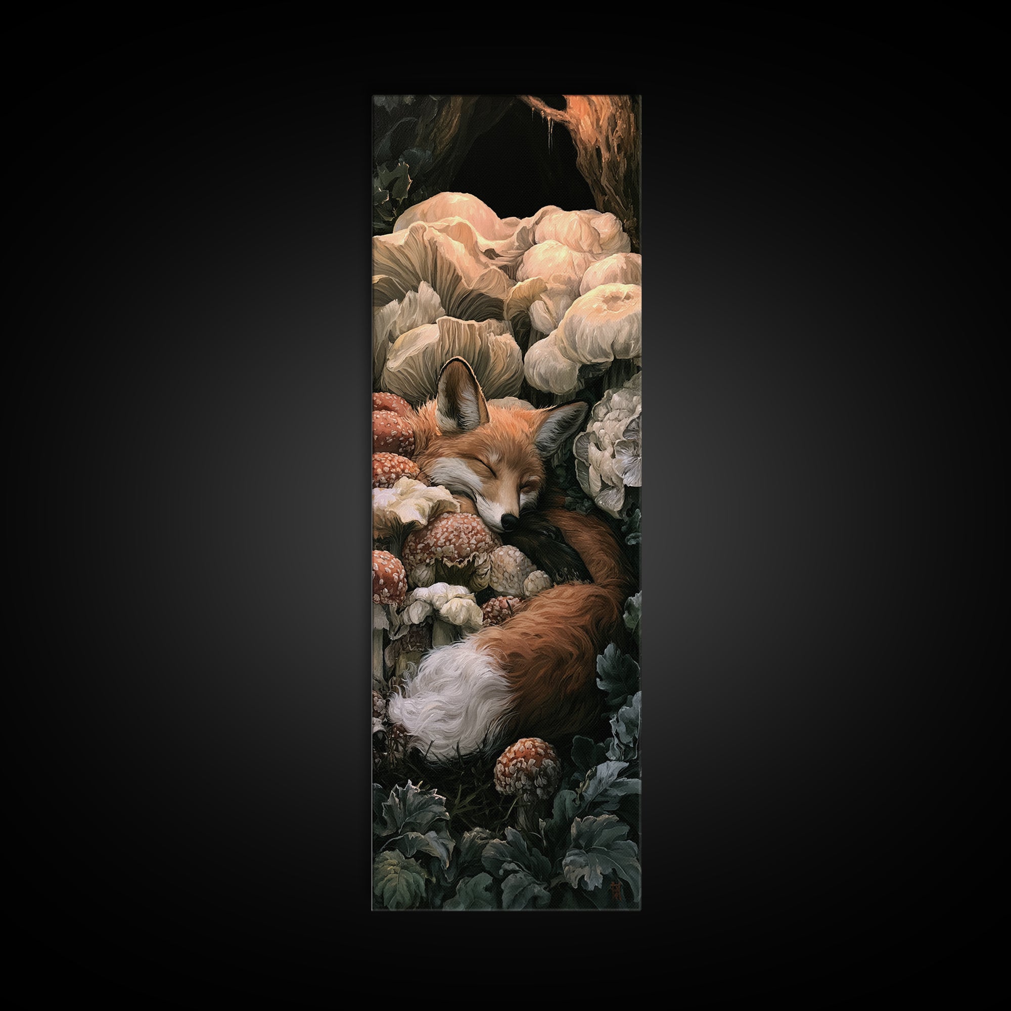 Sleeping Fox Beside a Magical Mushroom Ring Canvas Print, Fairy Tale Art, Nursery Art, Living Room Decor, Fine Art, Storybook, FTA-1x3-39