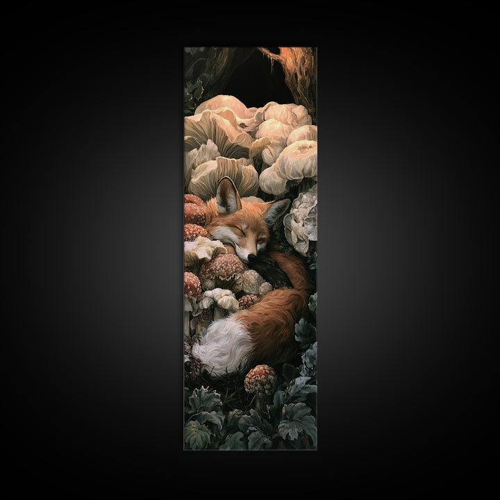 Sleeping Fox Beside a Magical Mushroom Ring Canvas Print, Fairy Tale Art, Nursery Art, Living Room Decor, Fine Art, Storybook, FTA-1x3-39