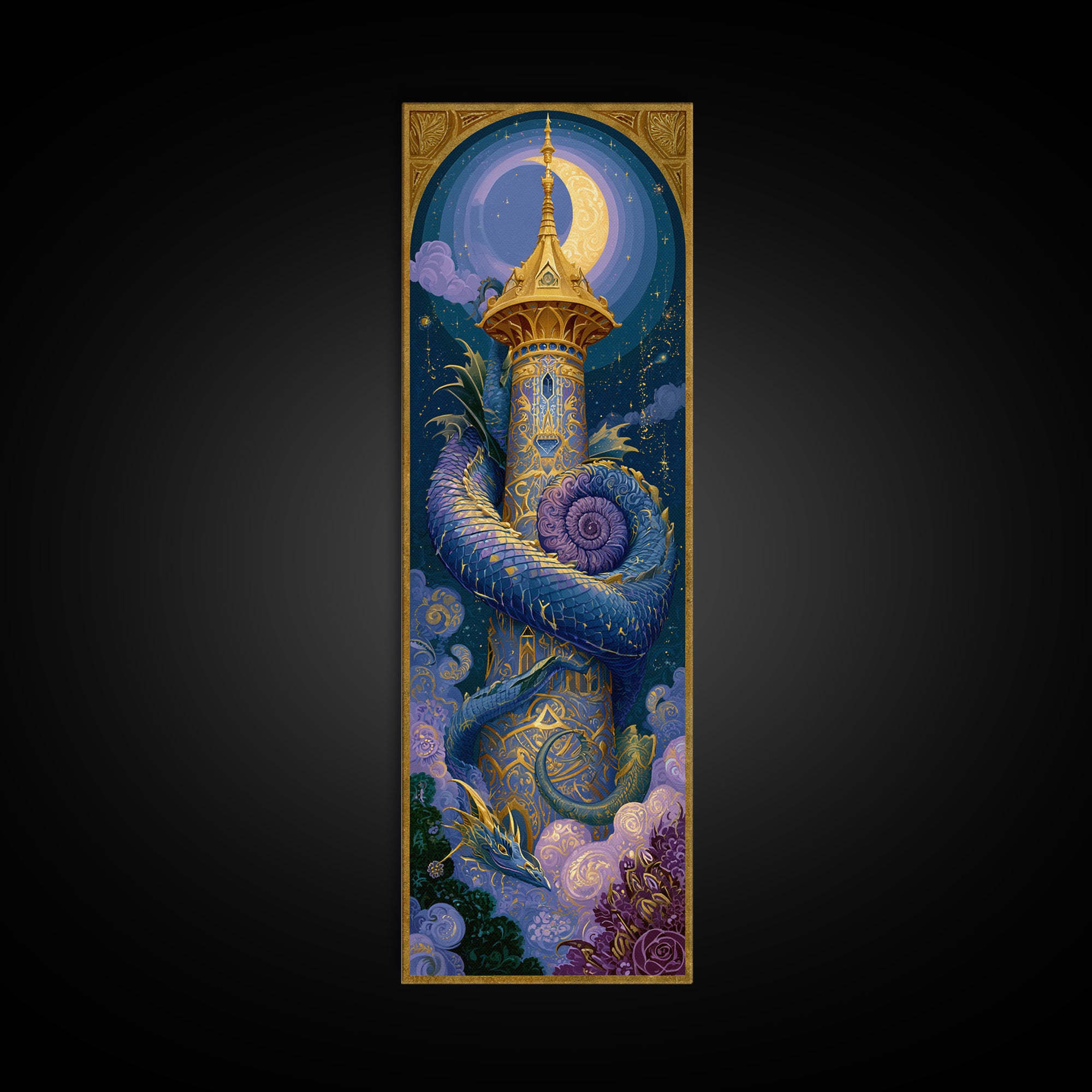 Dragon Curled Around a Jeweled Tower Canvas Print, Fairy Tale Art, Whimsical Wall Art, Living Room Decor, Fine Art, Storybook, FTA-1x3-41