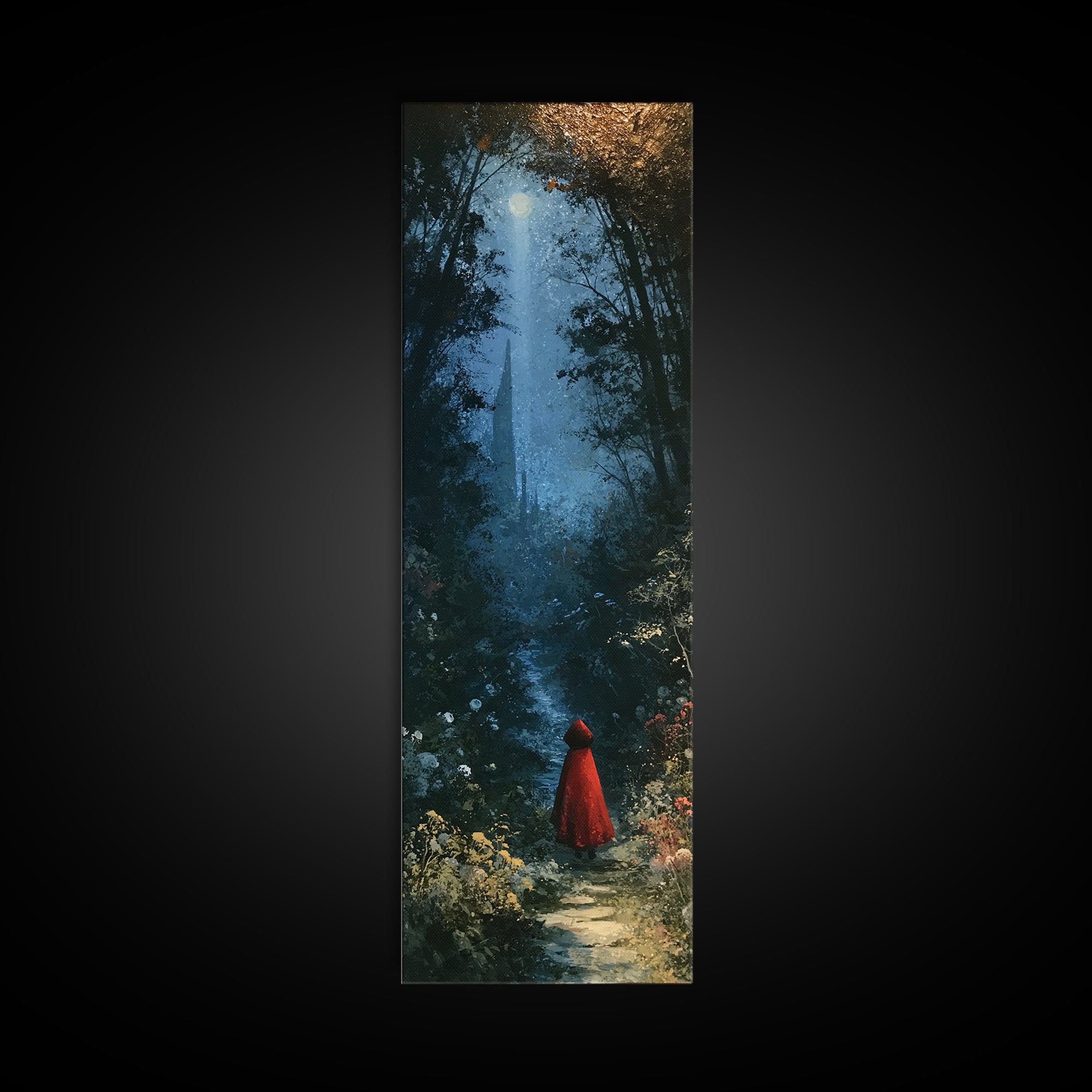 Red Cloak Figure Walking Through Dark Woods Canvas Print, Fairy Tale Art, Original Art, Living Room Decor, Fine Art, Storybook, FTA-1x3-44