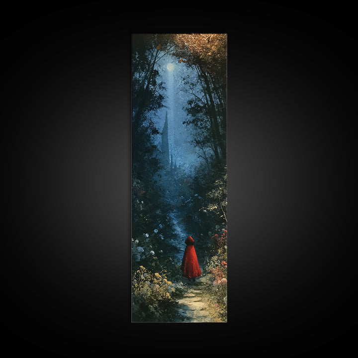 Red Cloak Figure Walking Through Dark Woods Canvas Print, Fairy Tale Art, Original Art, Living Room Decor, Fine Art, Storybook, FTA-1x3-44