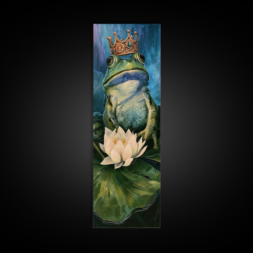 Frog Prince on a Lily Pad Framed Canvas Print, Fairy Tale Art, Whimsical Art, Living Room Decor, Fine Art, Storybook, FTA-1x3-47