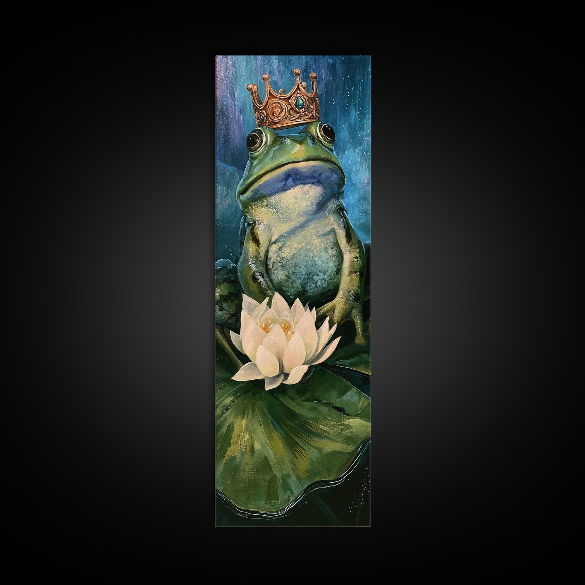 Frog Prince on a Lily Pad Framed Canvas Print, Fairy Tale Art, Whimsical Art, Living Room Decor, Fine Art, Storybook, FTA-1x3-47