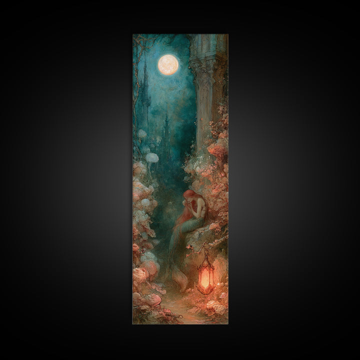 Mermaid Combing Hair Beneath a Pearl Moon Canvas Print, Fairy Tale Art, Nursery Wall Art, Living Room Decor, Watercolor Art, FTA-1x3-48