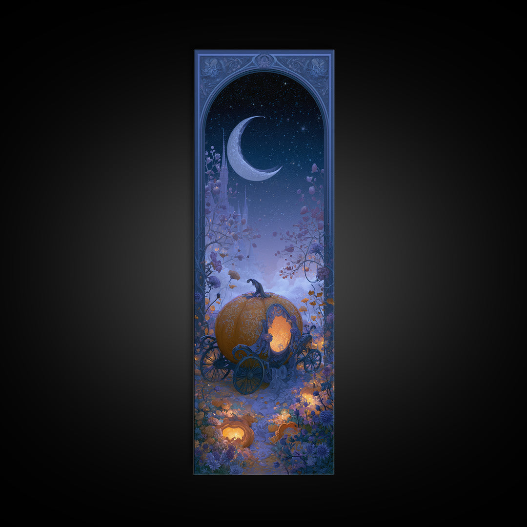 Pumpkin Carriage under Midnight Sky Framed Canvas Print, Fairy Tale Art, Art Nouveau, Living Room Decor, Fine Art, Storybook, FTA-1x3-52