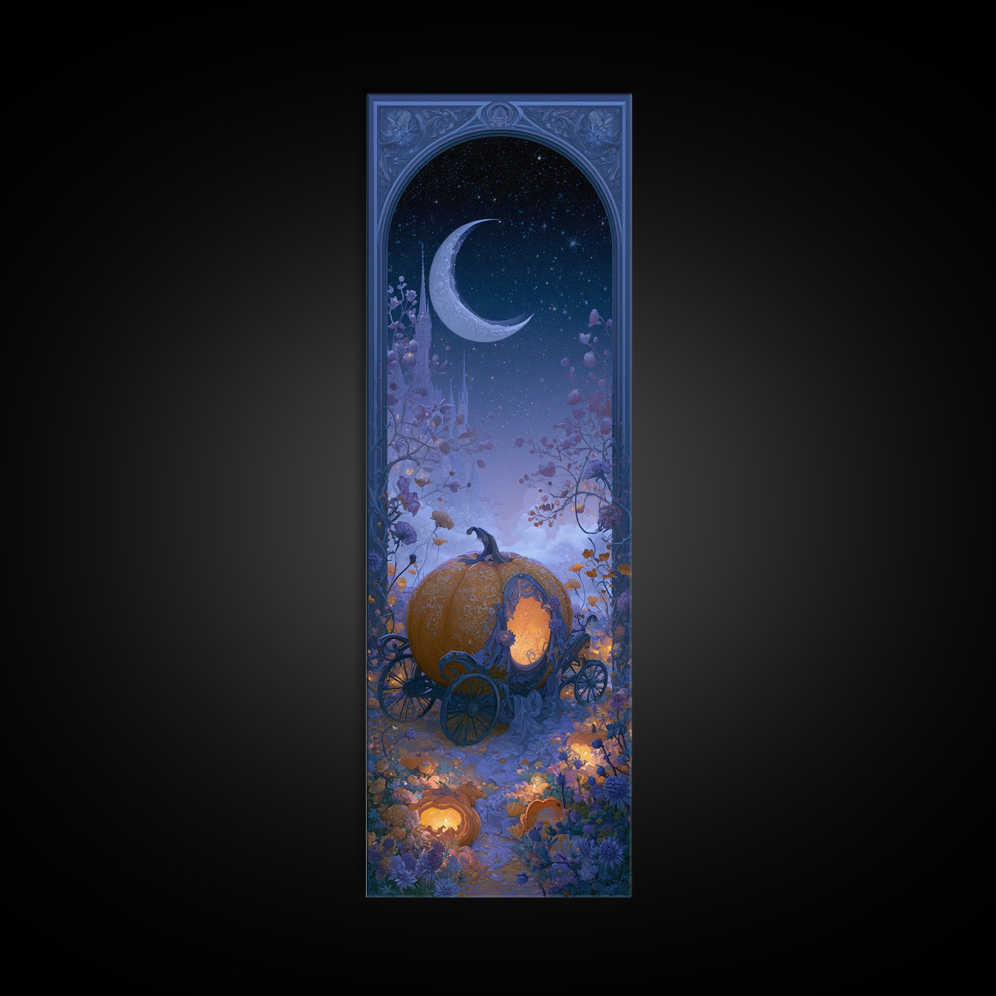 Pumpkin Carriage under Midnight Sky Framed Canvas Print, Fairy Tale Art, Art Nouveau, Living Room Decor, Fine Art, Storybook, FTA-1x3-52