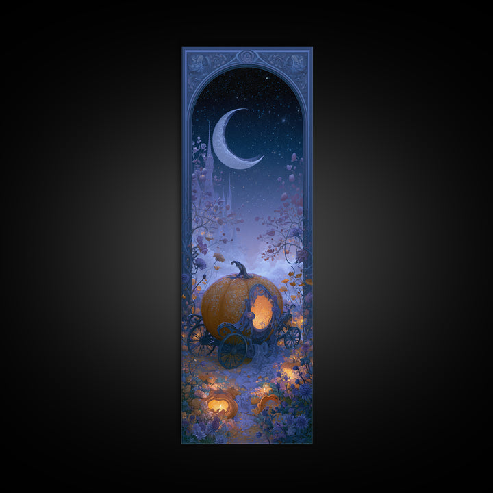 Pumpkin Carriage under Midnight Sky Framed Canvas Print, Fairy Tale Art, Art Nouveau, Living Room Decor, Fine Art, Storybook, FTA-1x3-52